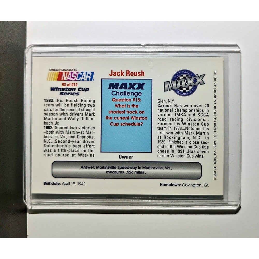 Jack Roush 1993 Maxx Premier Plus Racing #93 NASCAR Card Roush Racing - Picture 2 of 2